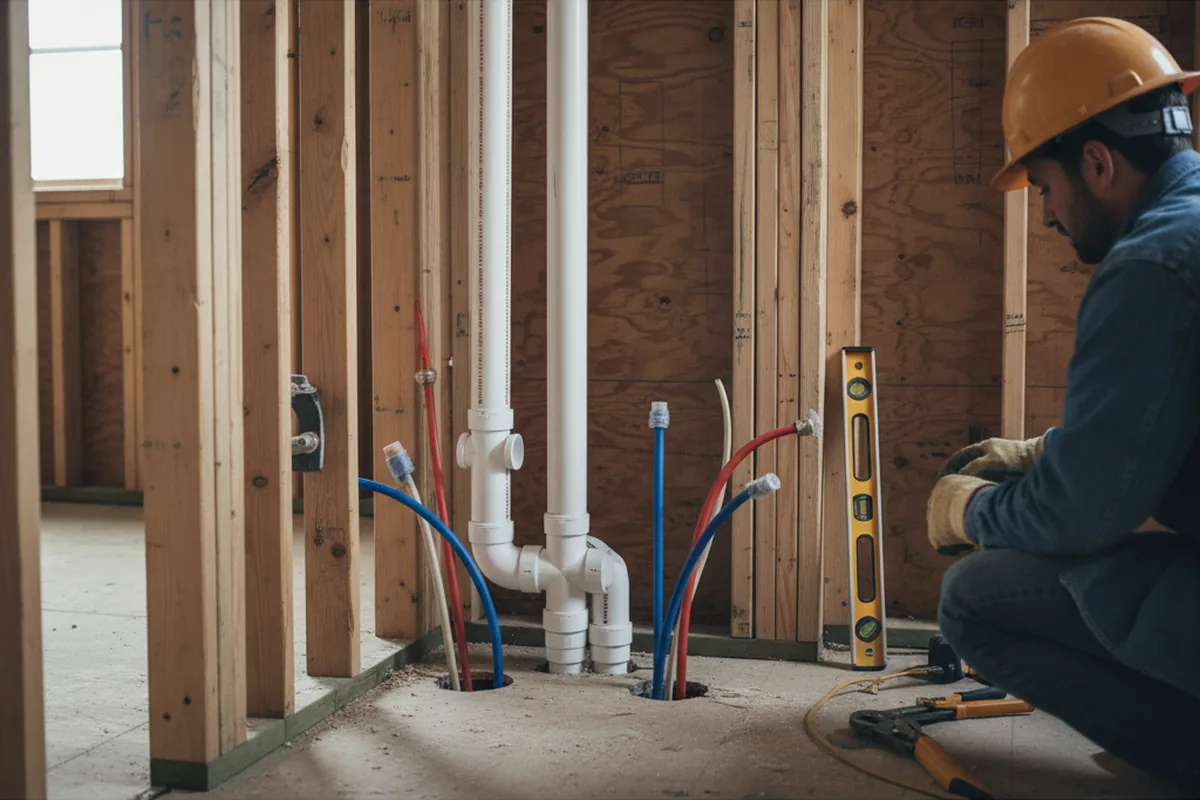 Drain and supply rough-in during Sump Pump Repair in Bourg