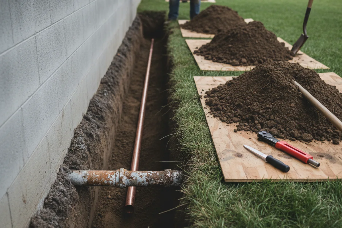 Excavated water line trench during Sewer Line Repair in Bourg